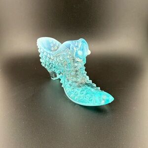 Vintage, Light Blue Opalescent Glass Slipper, Hobnail, Cat Head by Fenton